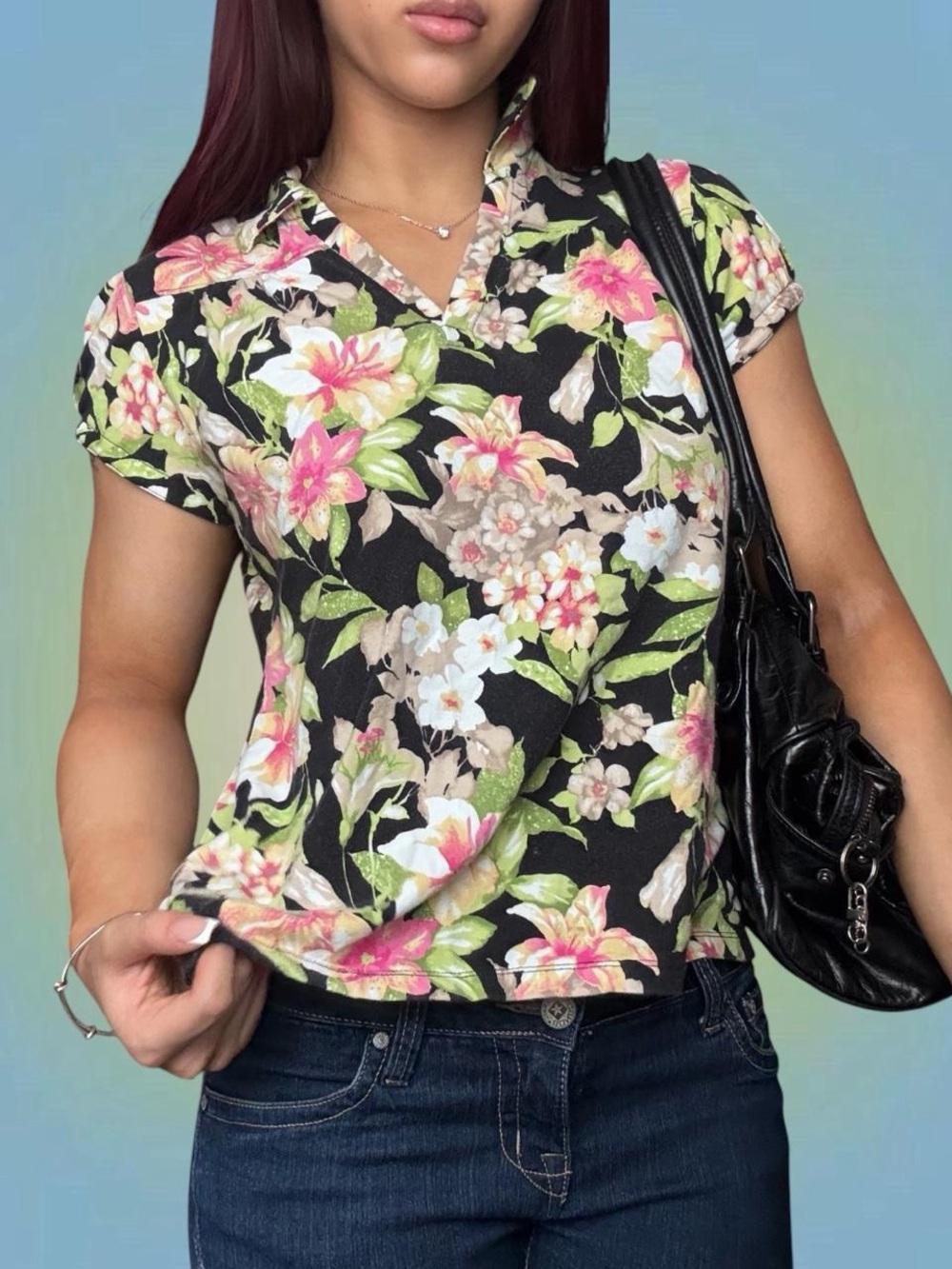 Caribbean Joe Black Floral V-Neck Cap Sleeve Top with Pink & Green